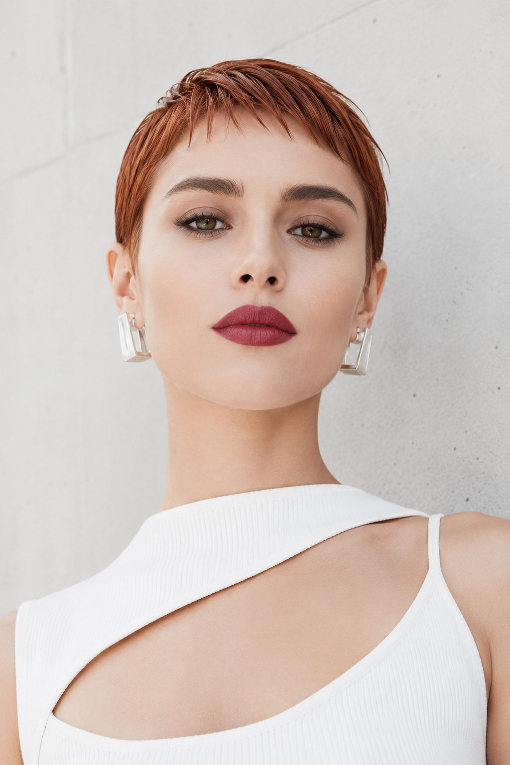 An upper body close-up of a model featuring an edgy micro-fringe wet-look pixie haircut in vibrant copper red. Adorned with geometric silver statement earrings and a modern cutout summer top. Against a minimalist pale concrete background. The model shows a bold, neutral expression, looking directly into the lens at a low-angle shot.