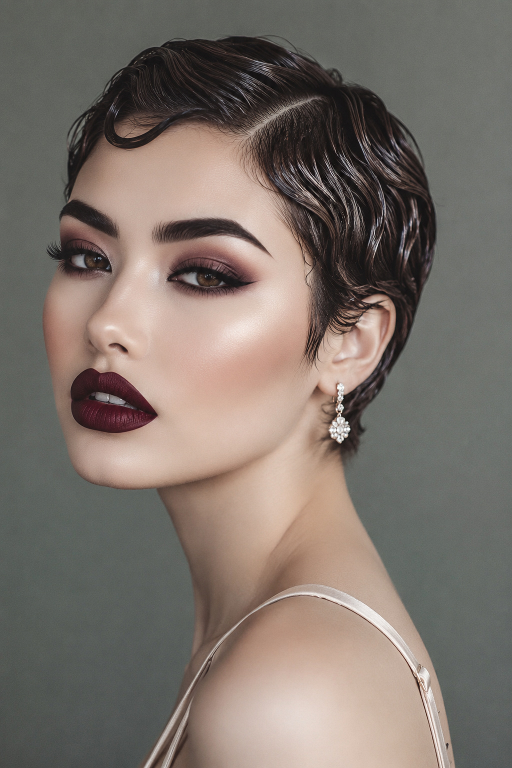 Close-up of a model’s upper body with retro-inspired wet look finger waves on a dark brown pixie haircut. Wearing delicate vintage crystal earrings and a sleek satin slip top. Set against a minimalist dark olive background. The model features a mysterious, subtle smile, captured from a close side-profile perspective.