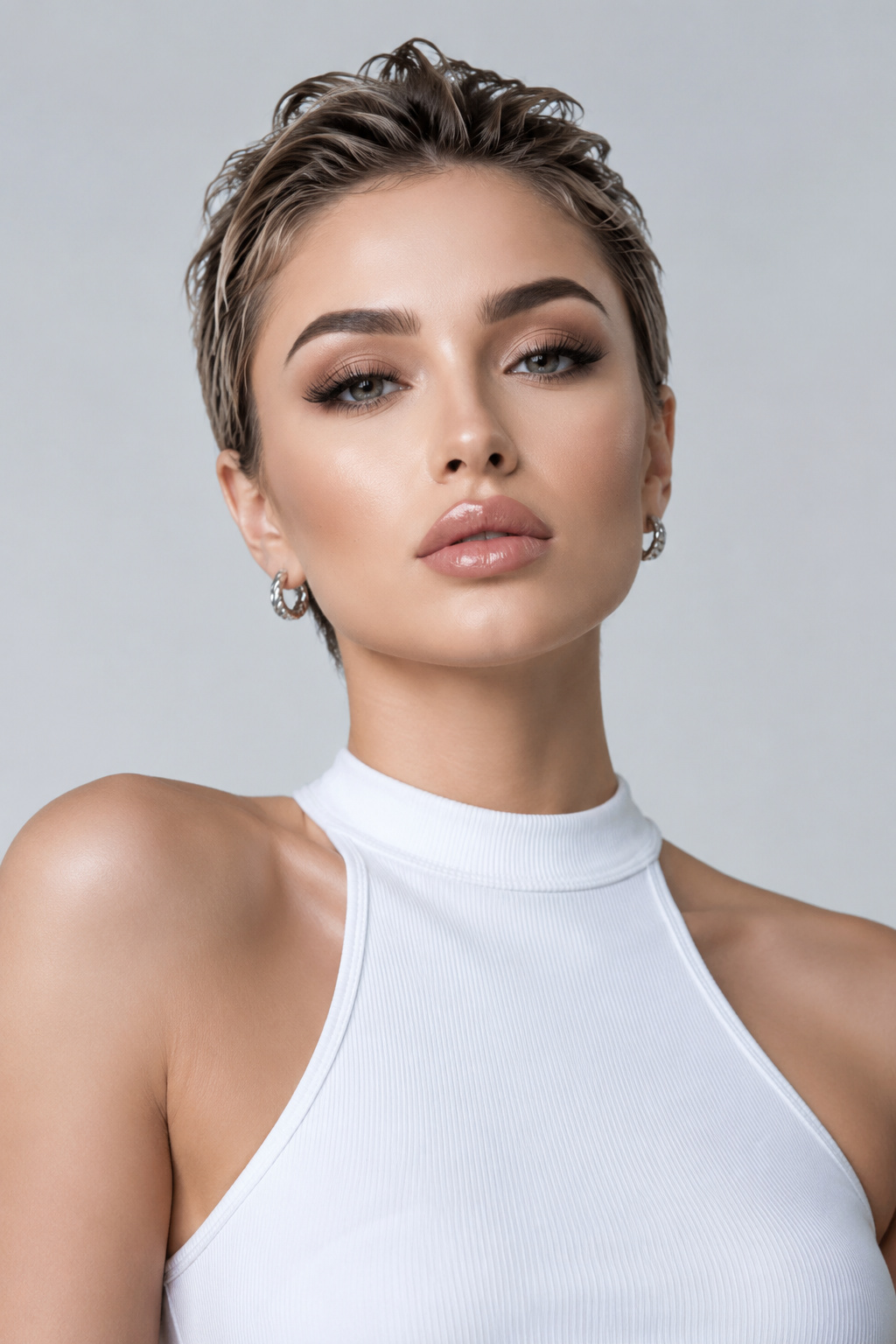An upper body close-up of a female model with a voluminous, swept-up wet look pixie in ash blonde. She wears small, intricate silver hoop earrings and a sporty high-neck summer crop top. Against a plain cool grey background. The model possesses a strong, determined expression, photographed from a slightly tilted, eye-level angle.