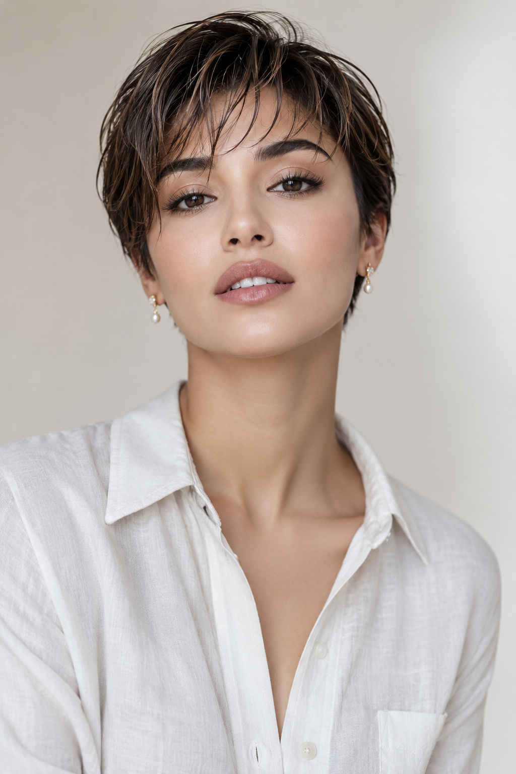 Close-up of a model's upper body featuring a soft wet-look pixie with delicate, wispy bangs and warm caramel highlights. Wearing tiny pearl drop earrings and a lightweight linen button-up shirt. Minimalist soft beige background. The model shows a gentle, serene expression with an eye-level frontal view.