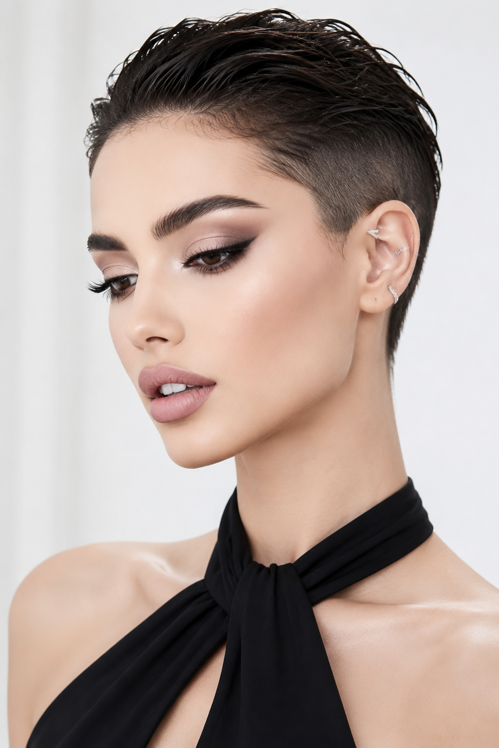 Upper body close-up of a model showing a contrast-colored wet-look pixie with shaved sides (undercut) and a sleek dark brown top. Adorned with delicate silver ear cuffs and a bold halter-neck top. Minimalist off-white background. The model has an introspective expression, looking slightly downward in a profile angle.