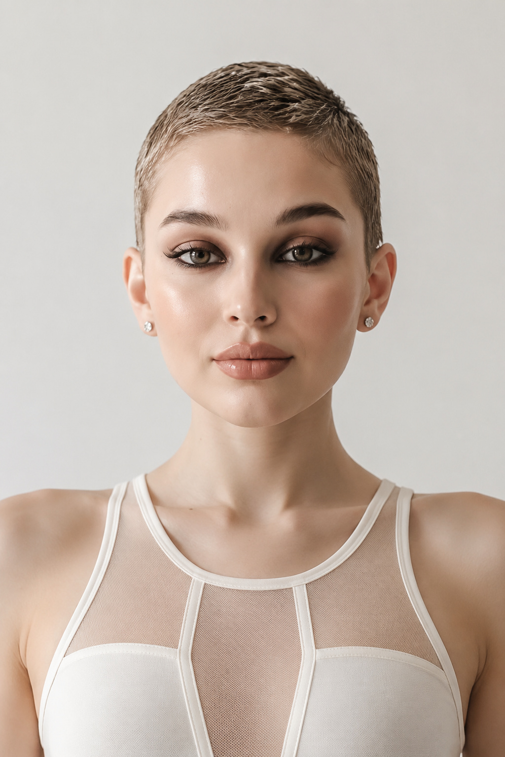 Close-up of a model's upper body showing an ultra-short buzz-cut pixie with a wet sheen in honey blonde. Styled with tiny diamond studs and a modern mesh-paneled summer bodysuit. Minimalist soft clay-colored background. The model maintains a serene, calm expression, looking straight ahead, shot from a frontal portrait angle.