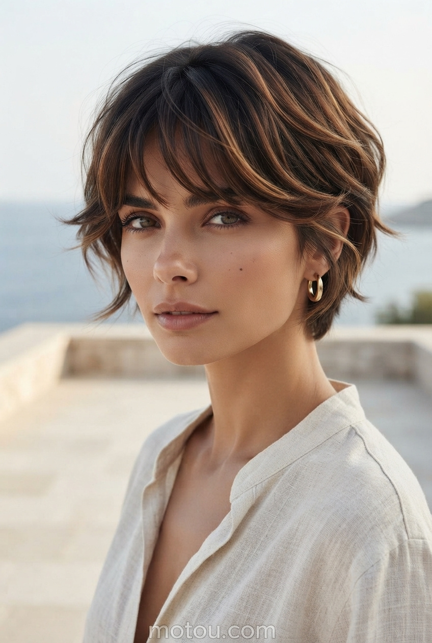 Nahaufnahme des eleganten French Bixie-Schnitts eines Models mit dezenten Highlights, zarten Creolen, moderner Sommerkleidung, minimalistischem Hintergrund und einem ruhigen Blick