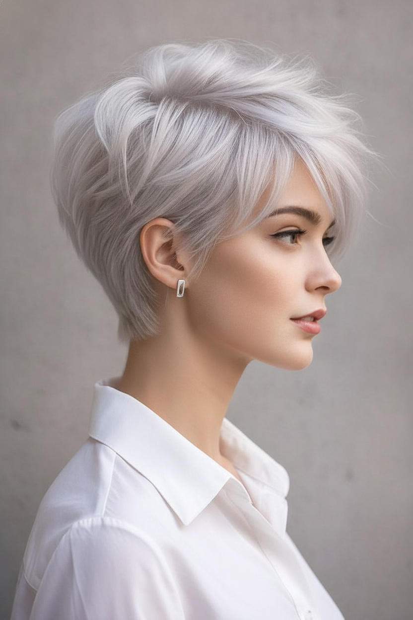 Seitenansicht eines Models, das einen voluminösen, texturierten French Bixie in leuchtendem Platinblond präsentiert, ergänzt durch einen minimalistischen silbernen Stecker und eine schicke Seidenbluse vor einem sauberen Hintergrund