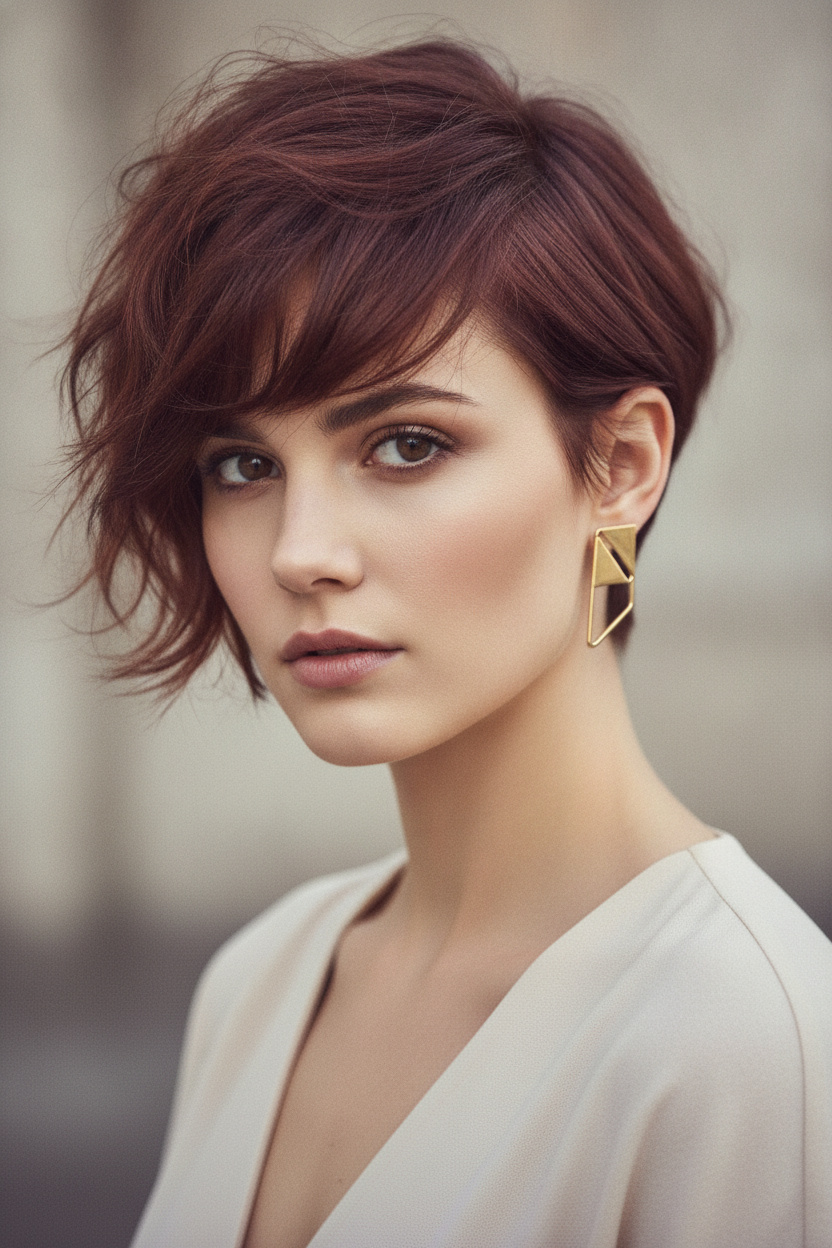 Auffällige Nahaufnahme eines Models mit einem asymmetrischen French Bixie in tiefem Auburn, akzentuiert durch einen geometrischen goldenen Ohrring und ein modernes V-Ausschnitt-Oberteil, mit einem selbstbewussten Blick