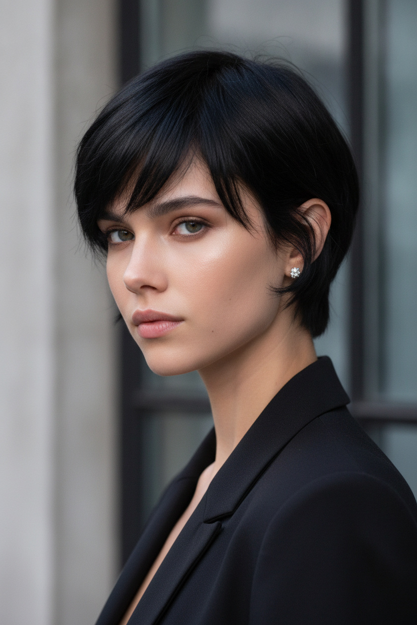 Model mit einem glatten, minimalistischen French Bixie in Tiefschwarz, kombiniert mit einem Diamantstecker, einem schicken Blazer und einem raffinierten, gelassenen Ausdruck vor einem sauberen, urbanen Hintergrund