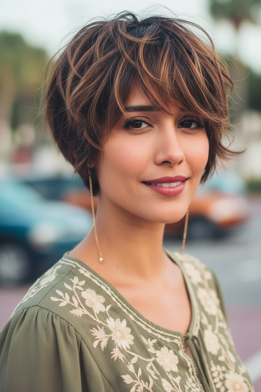Model mit einem modernen, zotteligen French Bixie in mehrtonigem Braun mit dezentem Balayage, zarten Kettchenohrringen, einem böhmisch inspirierten Oberteil und einem verträumten, künstlerischen Ausdruck