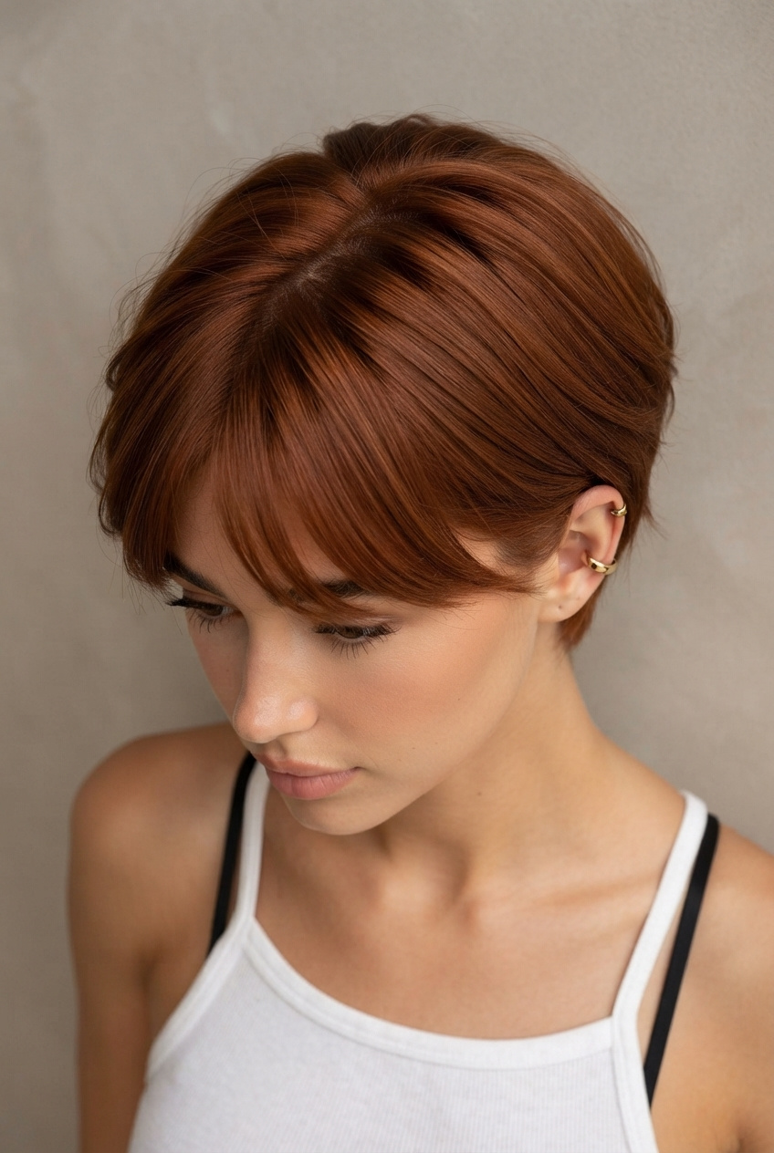 Draufsicht eines Models, das einen perfekt frisierten French Bixie in einem glatten Kupferton mit einer minimalistischen Ohrklemme und einem eleganten, ruhigen Profil vor einem schlichten Hintergrund präsentiert