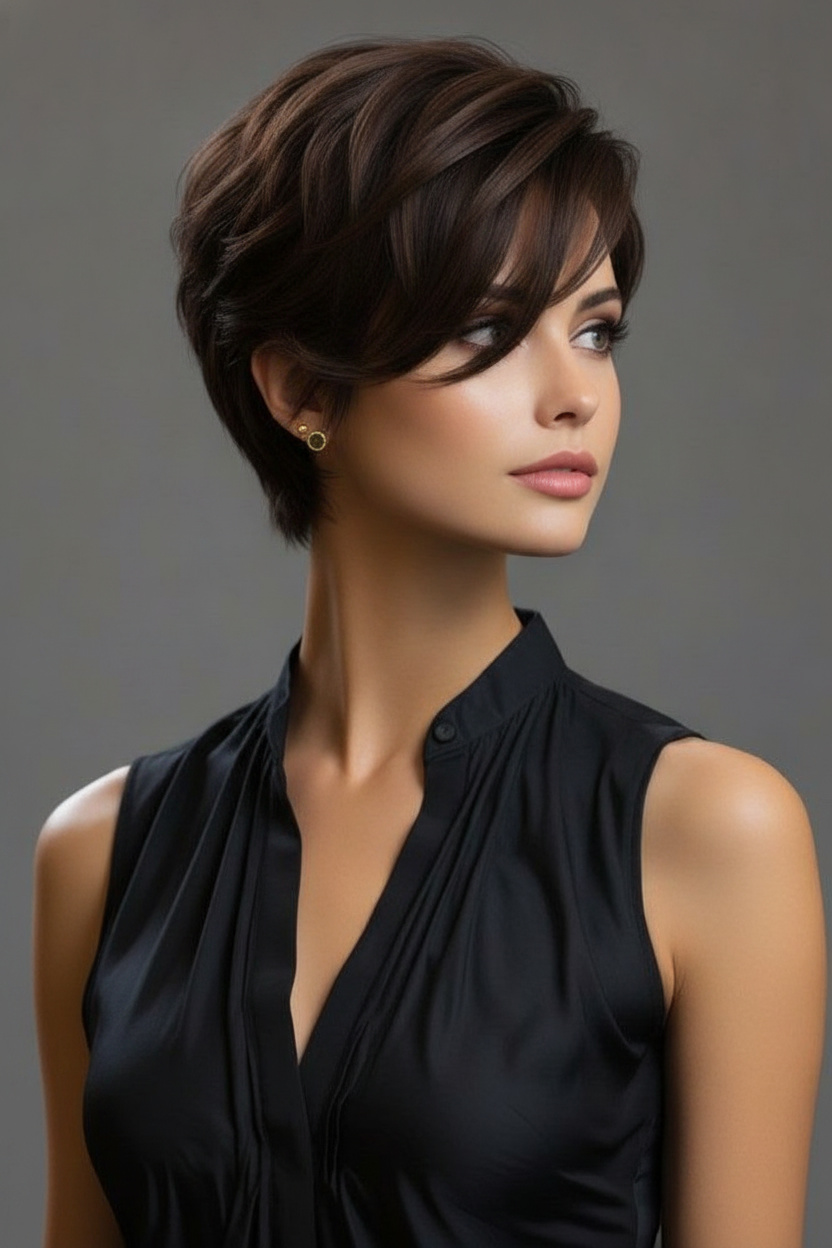Voluminous dark brown pixie with side-swept bangs, elegant gold stud earrings, minimalist background.