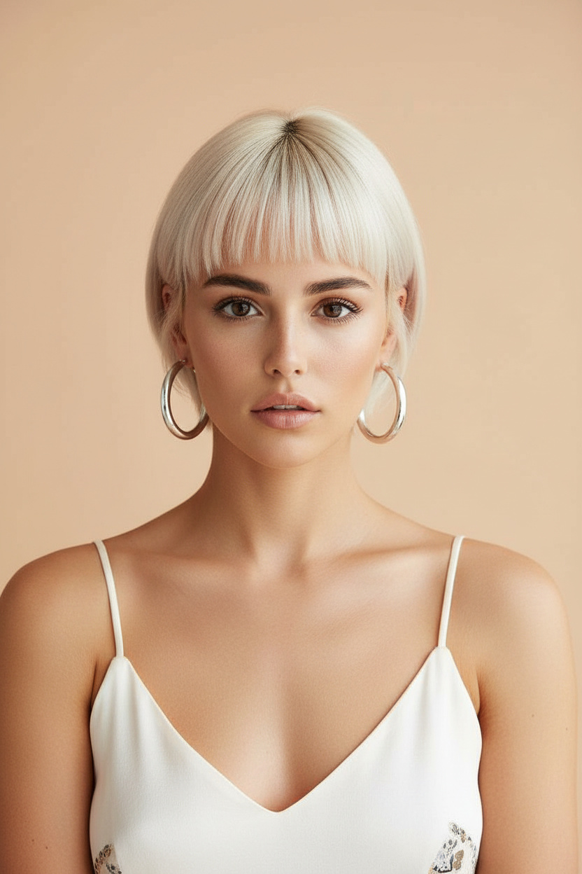 Sleek platinum blonde pixie with blunt bangs, silver hoop earrings, fashionable summer top, bright studio.
