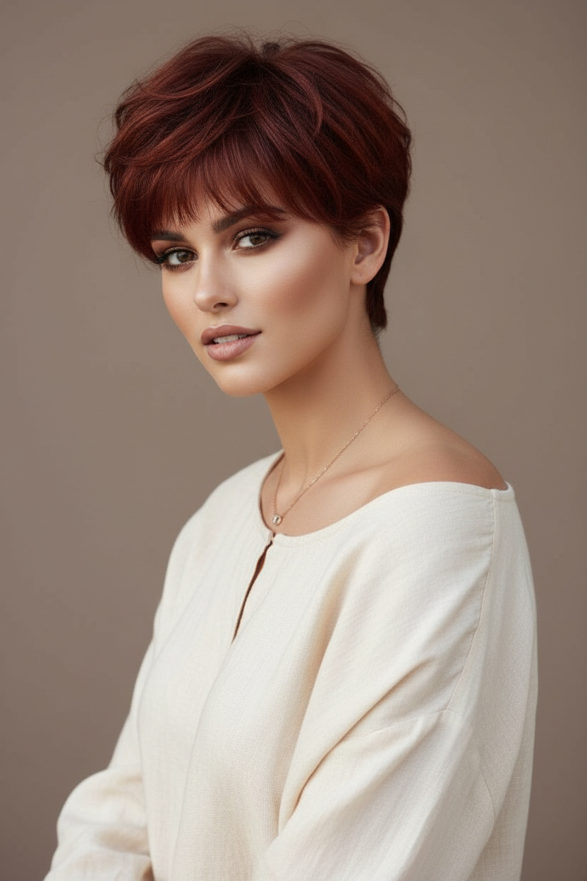 Textured auburn pixie with feathered bangs, delicate necklace, soft summer blouse, natural lighting.