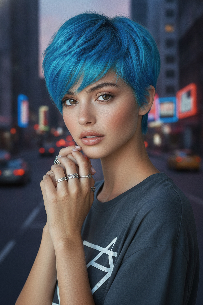 Vibrant electric blue pixie with choppy bangs, silver rings, graphic tee, urban backdrop.