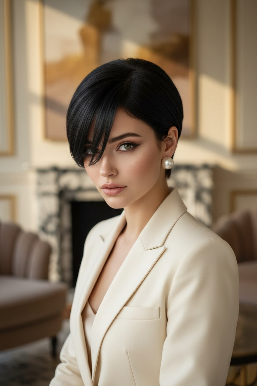 Jet black classic pixie with long swept bangs, single pearl earring, tailored summer jacket, luxurious interior.