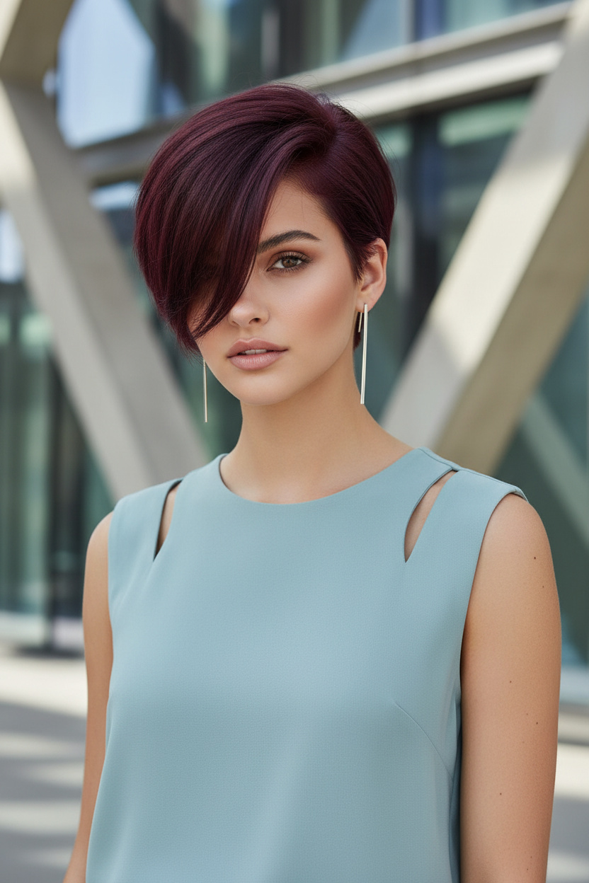 Asymmetrical deep burgundy pixie with dramatic side bangs, minimalist silver bar earrings, modern summer top, architectural background.