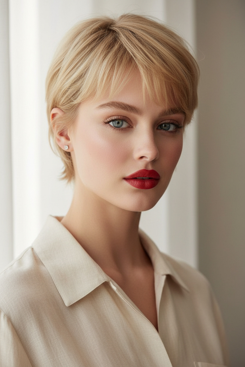Layered sandy blonde pixie with wispy bangs, tiny diamond stud earrings, relaxed linen shirt, diffused natural light.