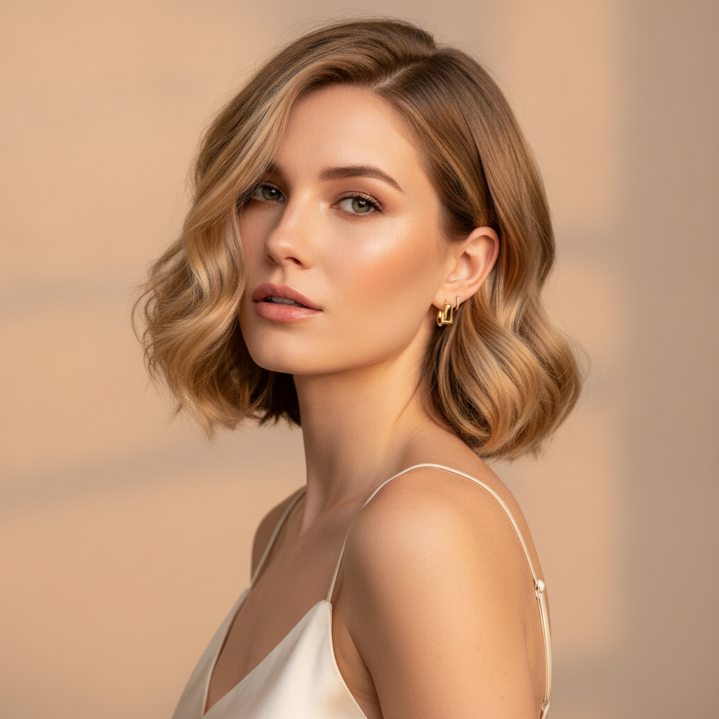 Upper body shot of a woman with an asymmetrical wavy bob in warm golden blonde, wearing delicate gold square hoop earrings, a cream silk camisole, with a soft, warm expression, looking directly at the camera, in a minimalist studio setting with soft lighting.