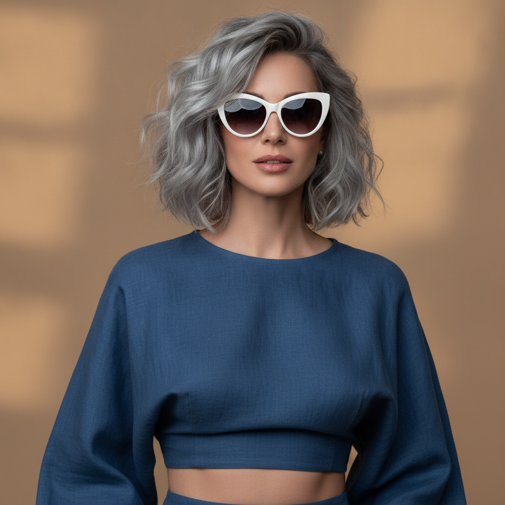 Upper body shot of a woman with a platinum silver, tousled wavy bob, wearing stylish white cat-eye sunglasses, a chic navy blue linen crop top, with a confident, serene expression, looking forward, in a clean, minimalist studio.