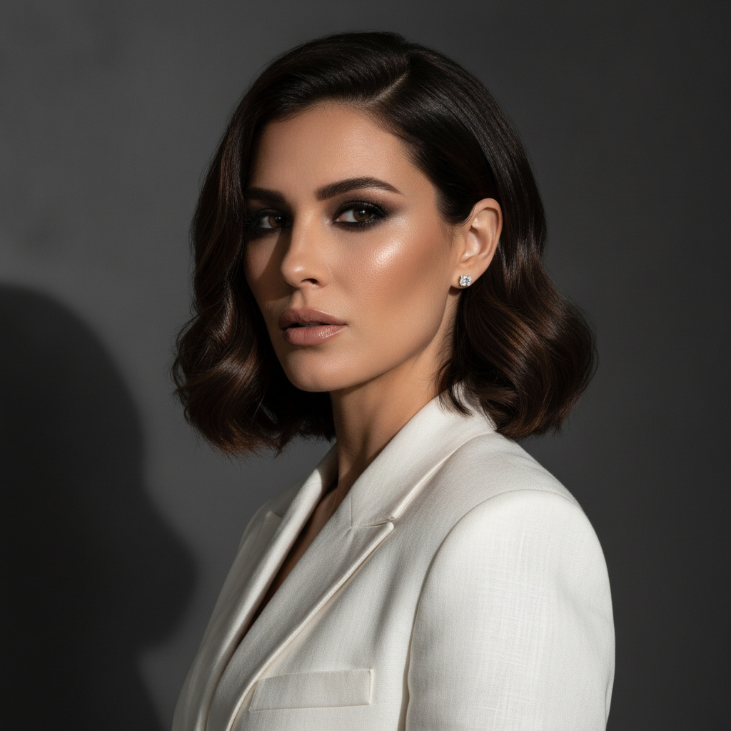 Upper body shot of a woman with a sleek, deeply wavy bob in rich dark brown, wearing sparkling diamond stud earrings, a crisp white blazer, with a seductive, confident gaze, looking slightly to the side, in a dimly lit, minimalist grey studio.