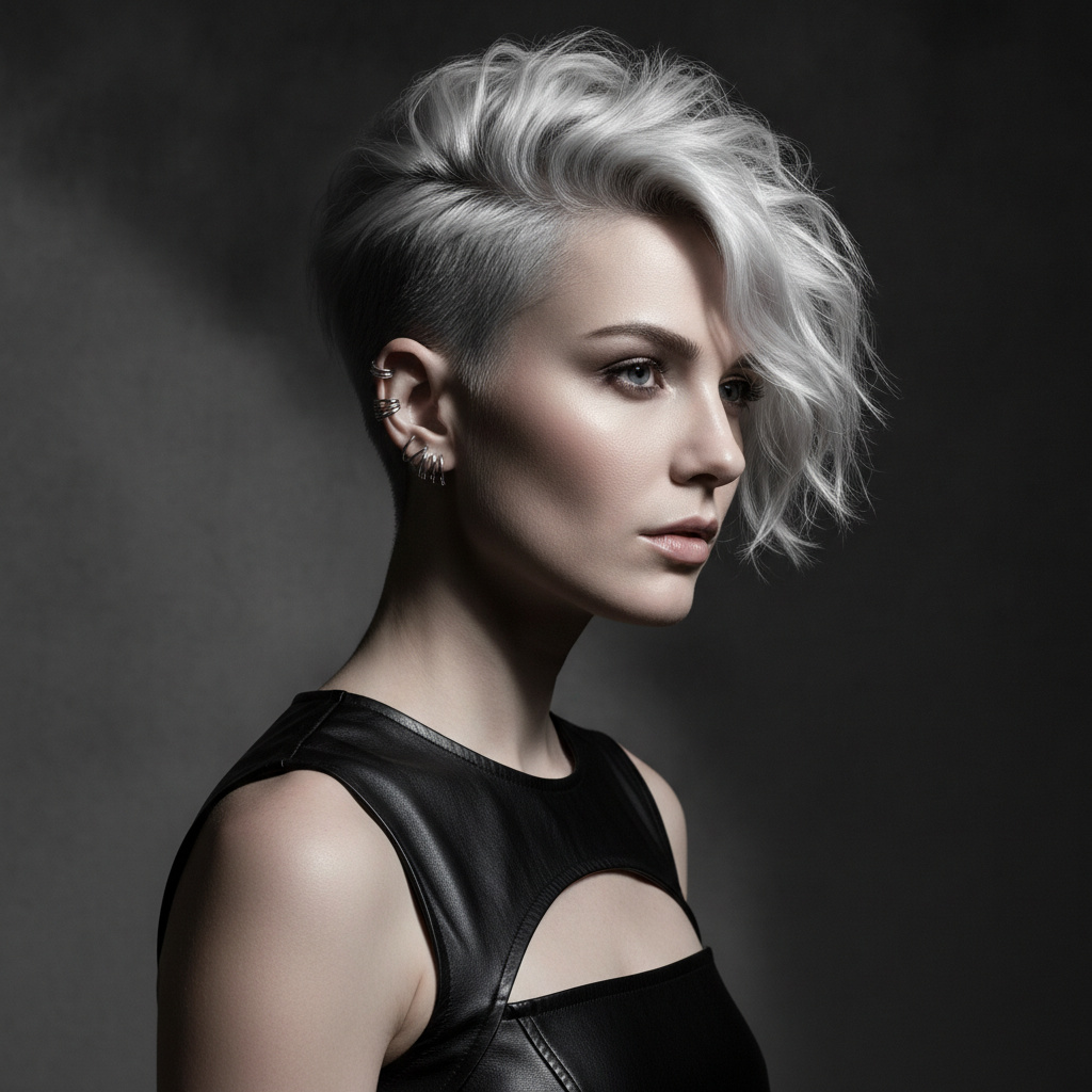 Upper body side profile of a woman with an edgy platinum blonde wavy pixie-bob, featuring a shaved undercut and longer wavy top, adorned with multiple silver ear cuffs, wearing a black leather cutout top, with a serious, strong expression, looking into the distance, in a dramatic, dark grey studio.