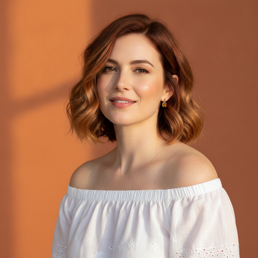 Upper body shot of a woman with a loose wavy bob in warm auburn with subtle blonde highlights, wearing small amber stud earrings, a white off-the-shoulder embroidered top, with a radiant, natural smile, looking directly at the camera, in a sun-drenched terracotta-toned studio.