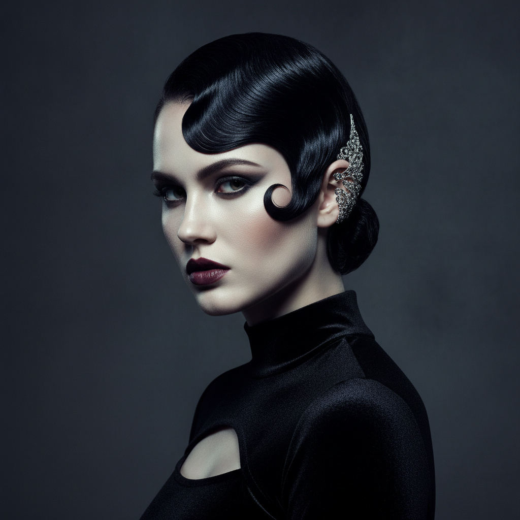 Upper body side profile of a woman with an intricately styled, deep wavy bob in glossy black, featuring sculptural finger waves and a tight low bun, adorned with a dramatic silver embellished ear cuff, wearing a chic black velvet cutout top, with a strong, intense gaze, looking over her shoulder, in a dark, moody grey studio.