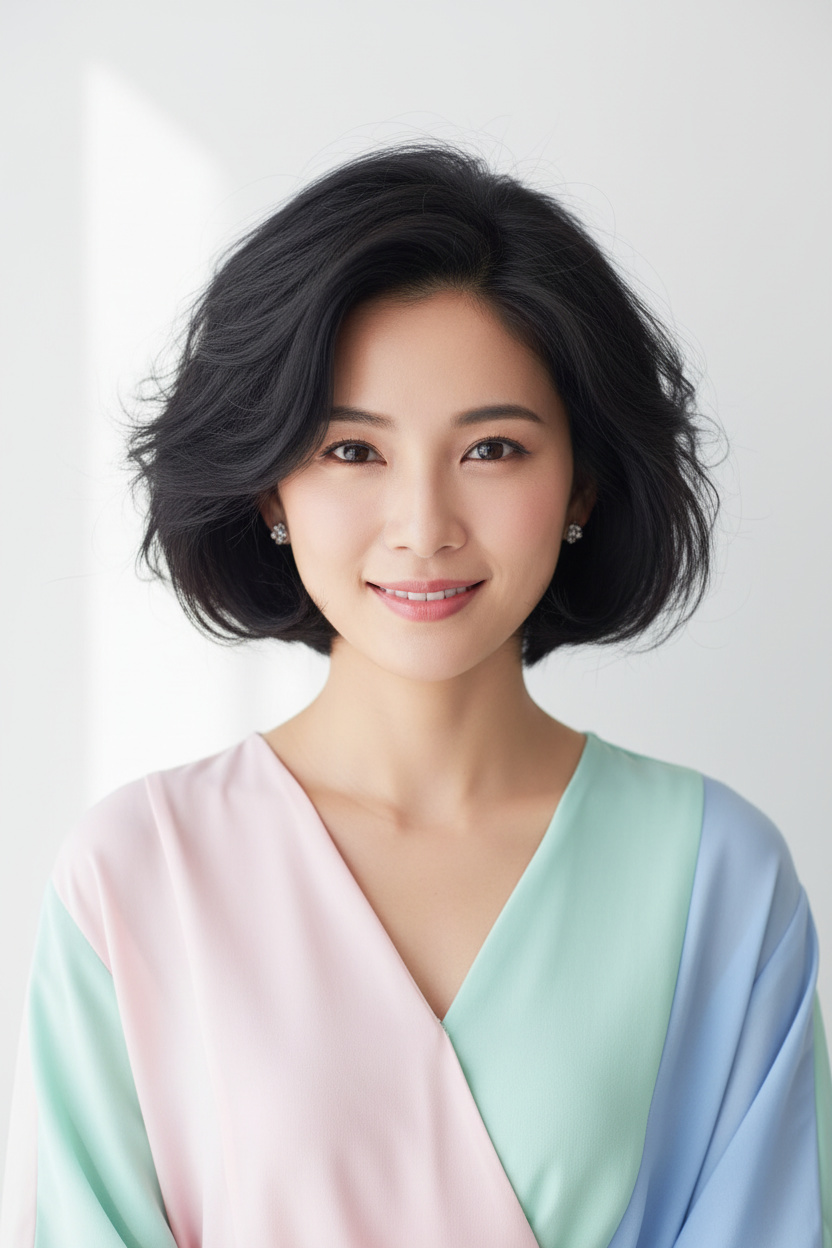 3. 韓式風格雲朵波波頭 韓式美女風格的女士留著自然黑色的雲朵波波頭,佩戴小巧的寶石耳釘,身穿時尚的淡色夏季襯衫,背景乾淨簡約,表情溫柔,正面朝上的上半身肖像
