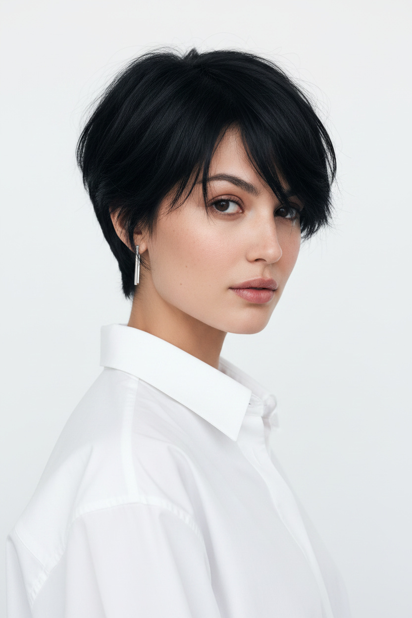 Bild 4: Frontalporträt einer Frau Mitte 30 mit einem glatten, asymmetrischen tiefschwarzen French Bixie, eine Seite etwas länger. Sie trägt minimalistische silberne Stäbchenohrringe, ein crisp weißes Oversize-Hemd und einen kühlen, selbstbewussten Ausdruck. Saubere, klare weiße Kulisse.