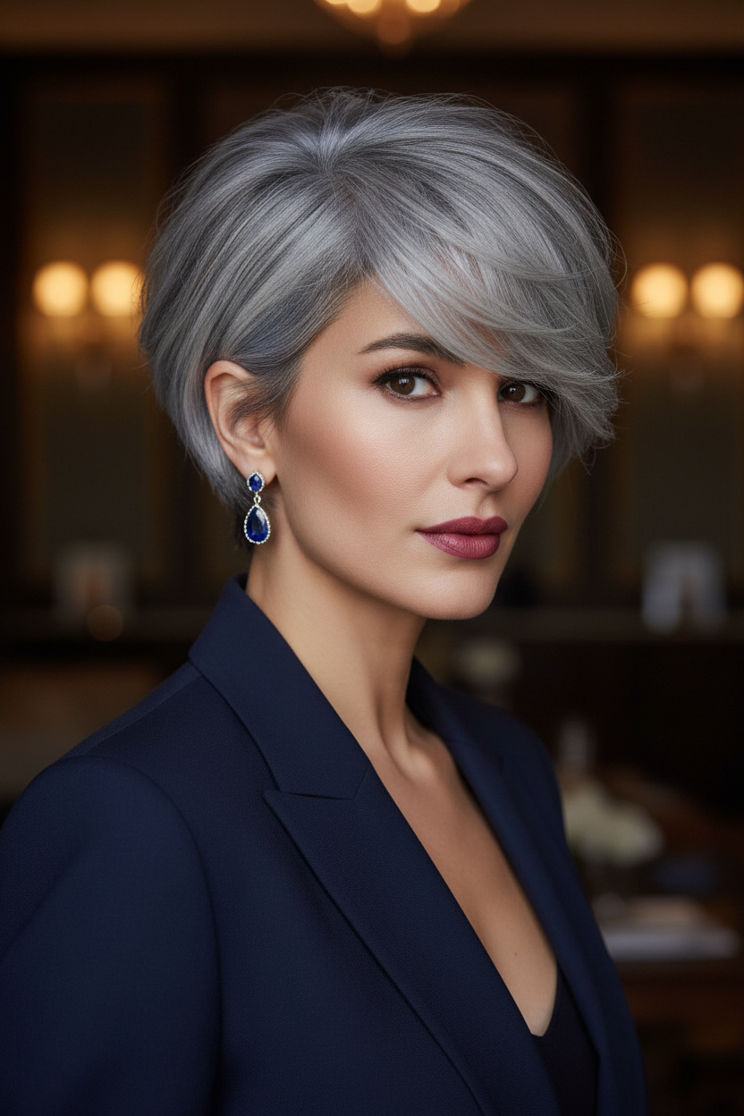 Bild 7: Stilvolles Porträt einer Frau Mitte 30 mit einem glatten, polierten silber-grauen French Bixie. Sie trägt elegante Saphir-Ohrhänger, einen strukturierten marineblauen Blazer und einen souveränen, selbstbewussten Blick. Luxuriöser, schwach beleuchteter Innenraum-Hintergrund.