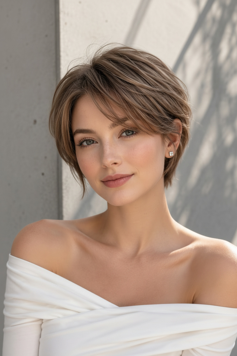 Upper body shot of a stylish woman with short, ash brown, soft layered bixie cut hair featuring side-swept bangs, wearing a fashionable white off-the-shoulder top and square silver stud earrings. She has a subtle smile, looking gently at the viewer against a minimalist concrete background with abstract shadows.