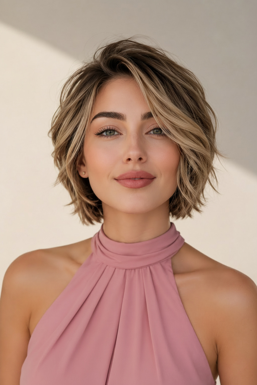 Upper body shot of a smiling woman with chin-length, caramel swirl (brown with blonde highlights), soft layered bixie cut hair, wearing a stylish pink halter-neck top and a small gold stud earring. She is looking directly at the viewer with a warm expression, against a minimalist off-white background with soft shadows.