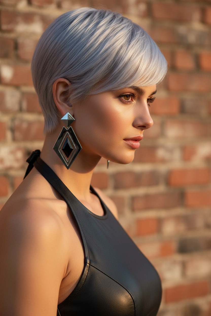 Profil eines Models mit einem glatten, silbernen French Pixie, geometrischen Hängeohrringen, schwarzem Leder-Top, Ziegelwand-Hintergrund und direktem, intensivem Ausdruck.