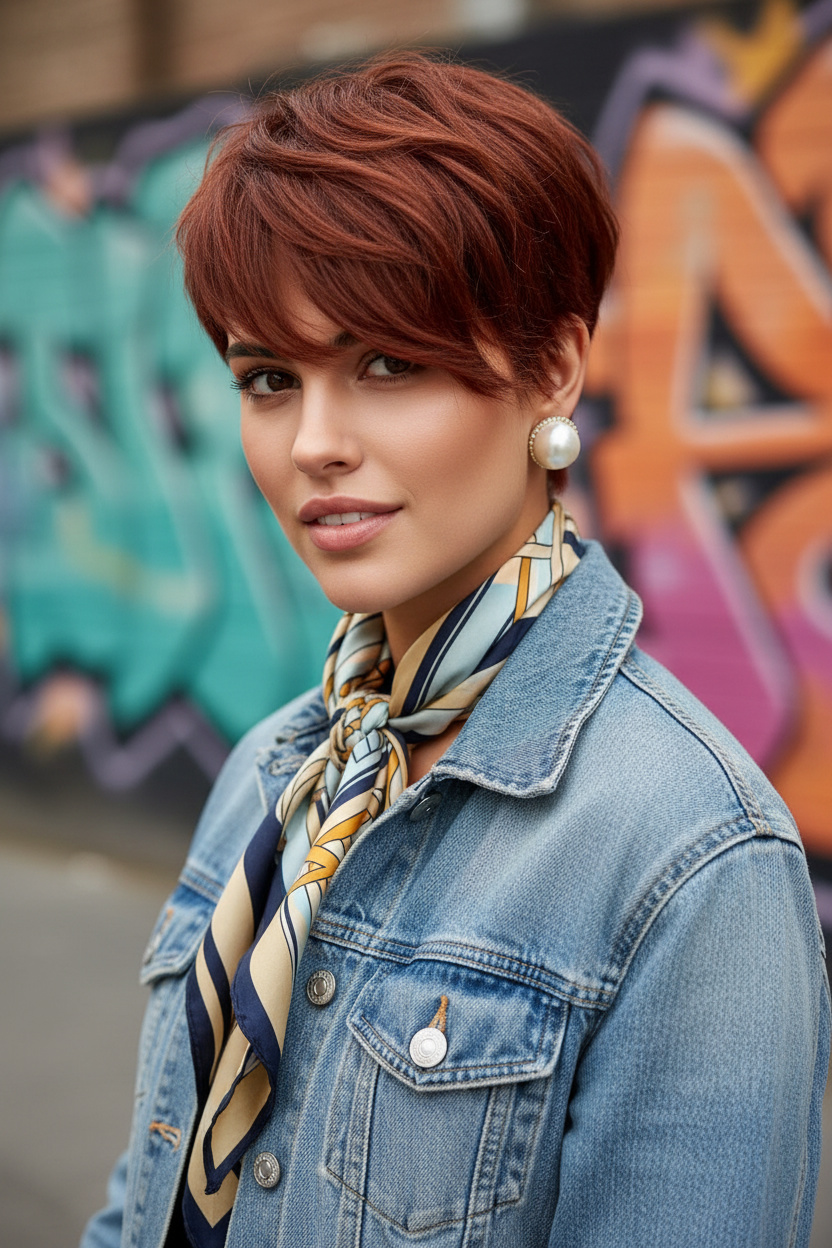 Model mit tief kupferrotem French Pixie Cut, großen Perlenohrringen, Seidenschal, Jeansjacke und subtilem Street-Art-Hintergrund mit einem sanften Lächeln.