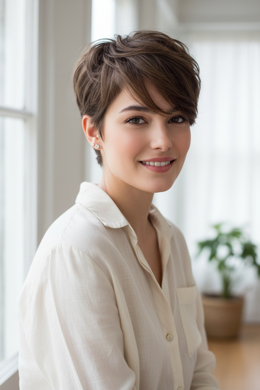Model mit aschbraunem, texturiertem French Pixie, winzigen Steckerohrringen, locker sitzendem Leinenhemd, hellem, luftigem Raum und entspannter, natürlicher Pose.