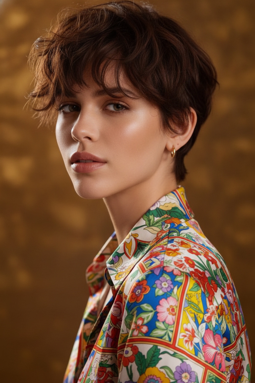 Das Model trägt einen natürlich lockigen, dunkelbraunen French Pixie Cut und kleine goldene Steckerohrringe, ein lebhaft bedrucktes Seidenhemd und nimmt eine selbstbewusste, künstlerische Pose vor einem minimalistischen Hintergrund ein.