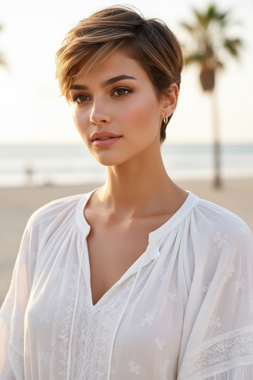Model mit Bronde Balayage French Pixie, dünnen Silberreifen, fließendem weißem Boho-Top, sonnigem Strand-Hintergrund und ruhigem, nachdenklichem Blick.