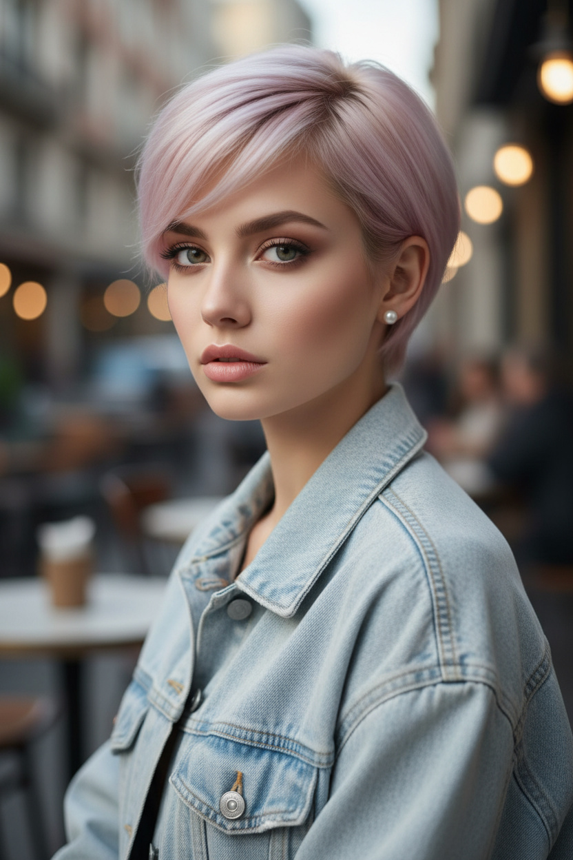 Model mit sanftem, pastellrosa French Pixie, winzigen Perlenohrringen, heller Jeansjacke, verschwommenem Stadtcafé-Hintergrund und verträumtem, wehmütigem Blick.