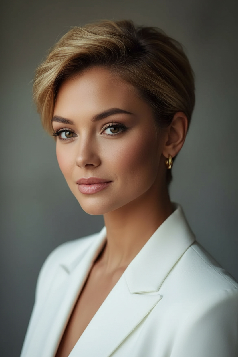 Nahaufnahme eines Models mit texturiertem, goldenblondem French Pixie Cut, kleinen goldenen Creolen, weißem Blazer, minimalistischem Hintergrund und selbstbewusstem Blick.