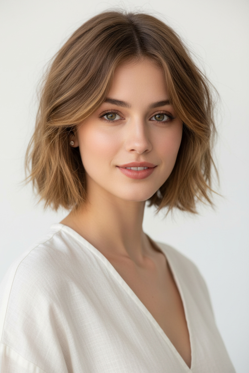 Upper body shot of a female model with a sun-kissed blonde French shag bob, delicate stud earrings, a stylish cream linen top, a minimalist white studio background, a confident smile, and a direct gaze.