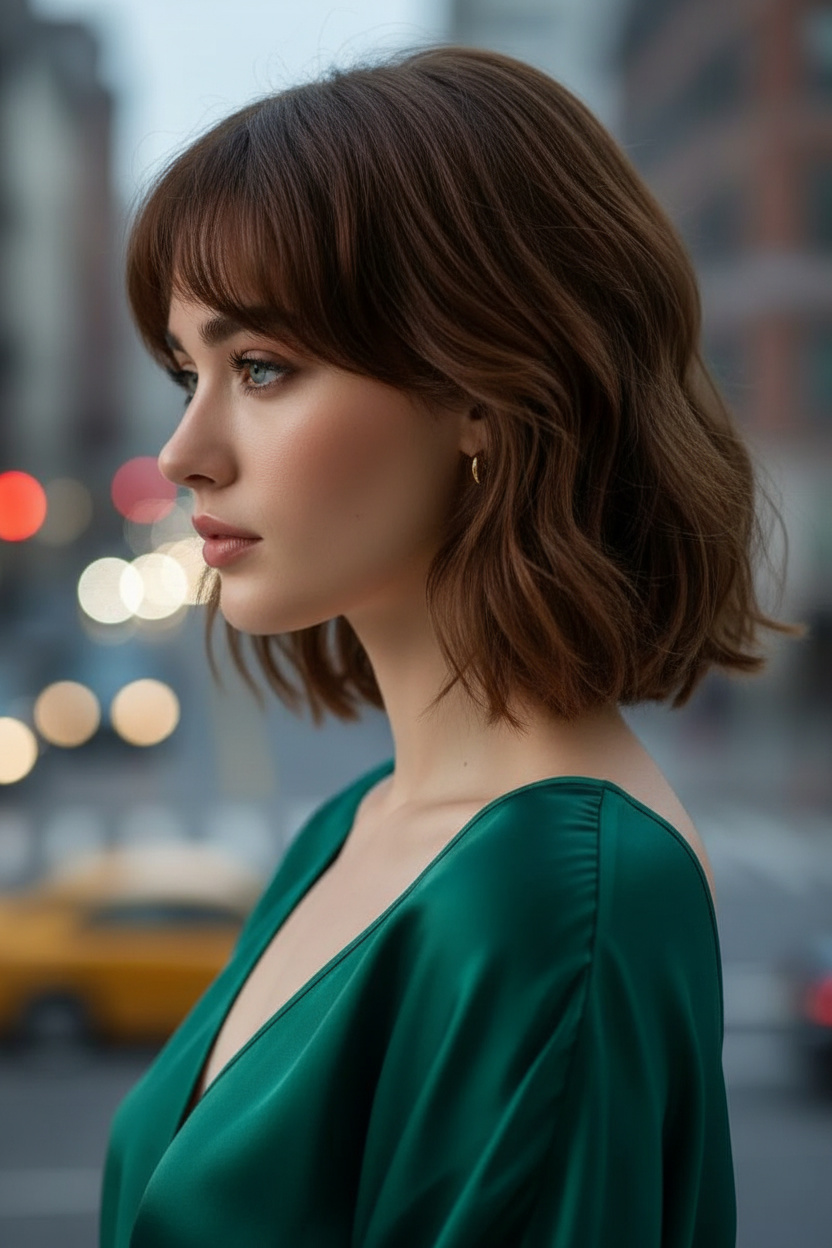 Close-up of a female model with a rich chestnut French shag bob, small gold hoop earrings, a chic silk camisole, a blurred city street background, a thoughtful expression, and a side profile.