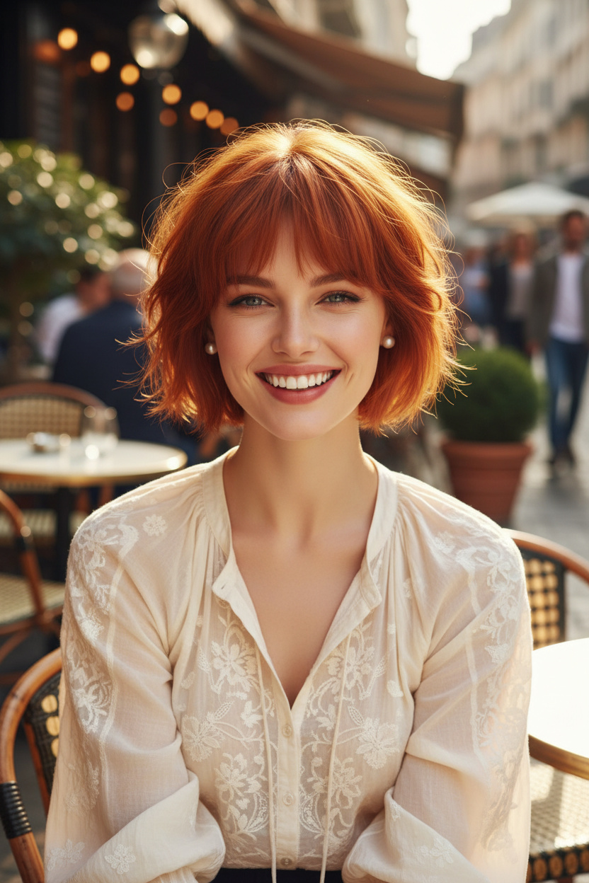 Front-facing upper body shot of a female model with a vibrant copper French shag bob, subtle pearl earrings, a flowy bohemian blouse, an outdoor cafe setting, a joyful laugh, and eye-level perspective.