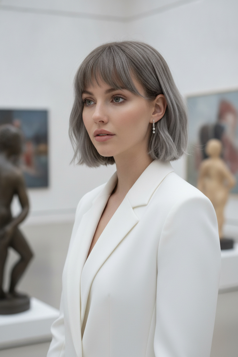 Female model with an ash brown French shag bob, intricate silver drop earrings, a structured white blazer, a contemporary art gallery background, a pensive look, and a slight upward angle.
