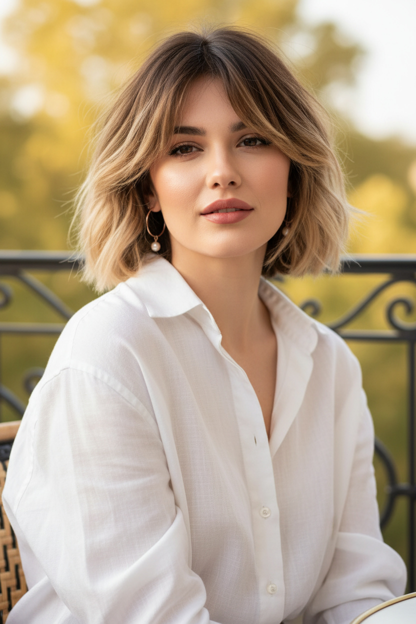 Close-up of a female model with a two-tone (dark roots, light ends) French shag bob, dainty rose gold earrings, an oversized white shirt, a sunlit balcony background, a relaxed gaze, and a soft focus.