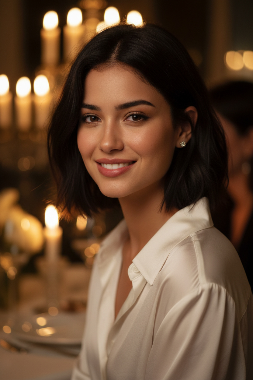 Close-up of a female model with a sleek, slightly undone French shag bob in a jet black, sparkling cubic zirconia studs, an elegant silk blouse, a candlelit dinner setting, a seductive half-smile, and an intimate close-up.