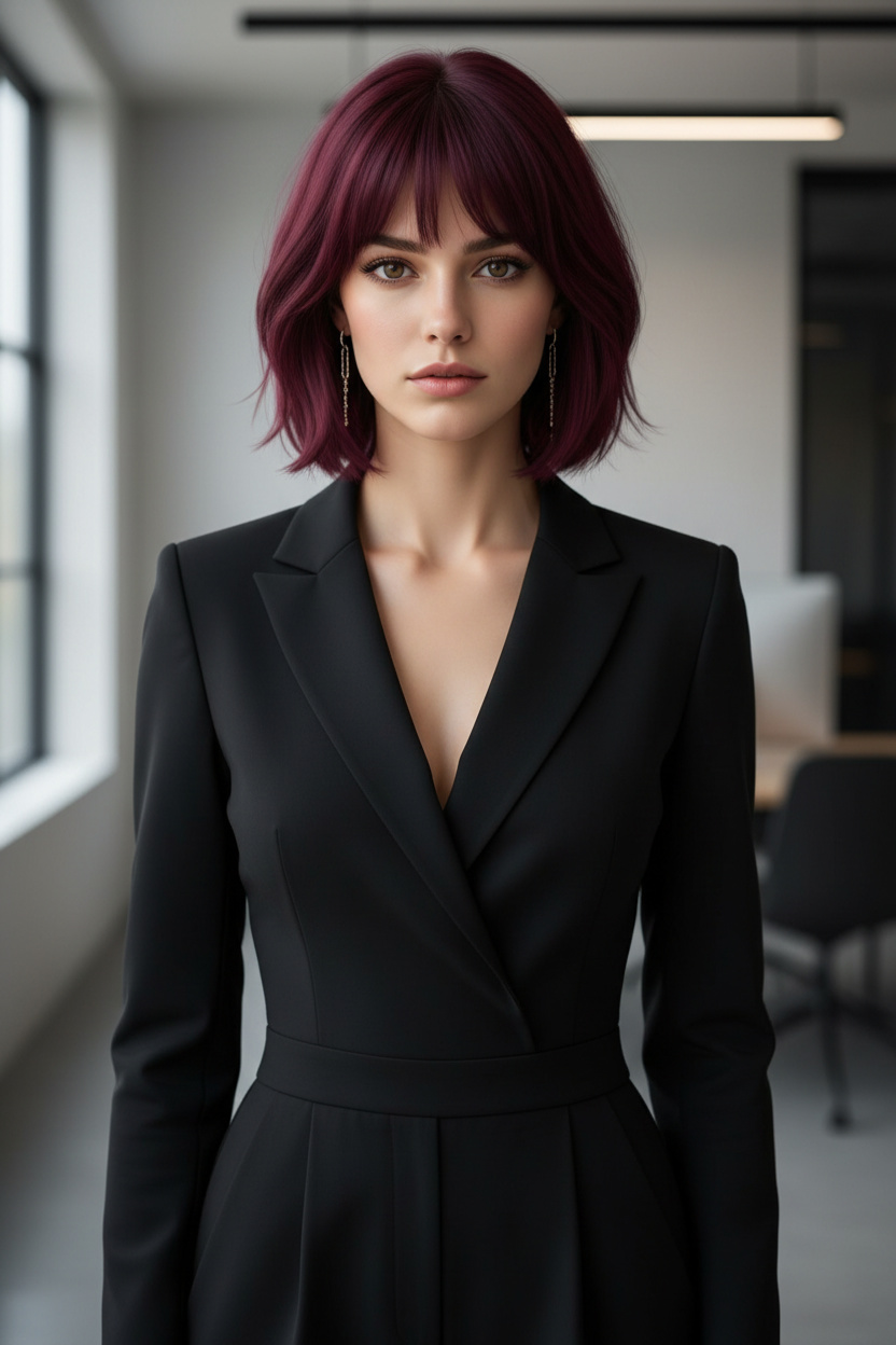 Upper body shot of a female model with a deep burgundy French shag bob, delicate chain earrings, a tailored black jumpsuit, a minimalist modern office setting, a focused expression, and a professional direct angle.