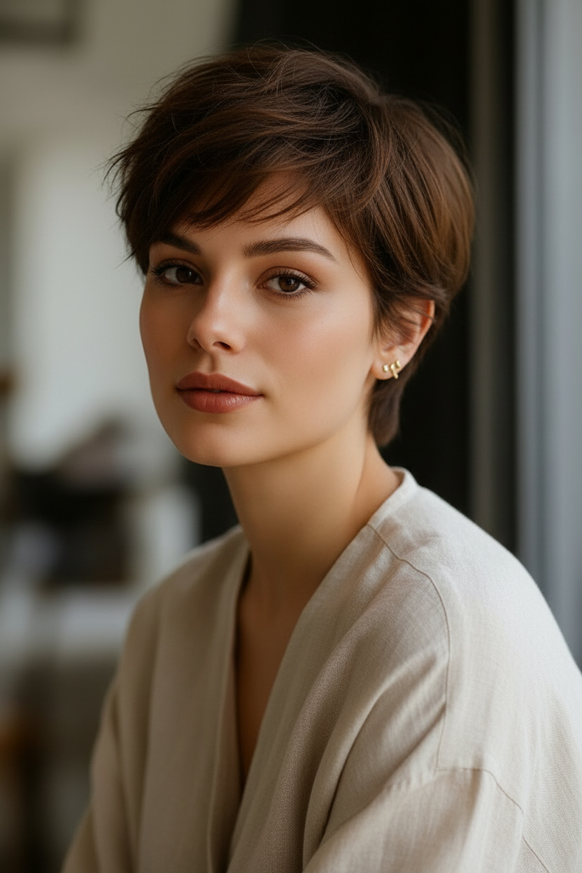 Close-up upper body portrait of a woman wearing a warm espresso brown soft shag pixie haircut with textured layers, delicate gold earrings, casual summer fashion outfit, minimalist background, confident relaxed expression, natural pose, front three-quarter view.