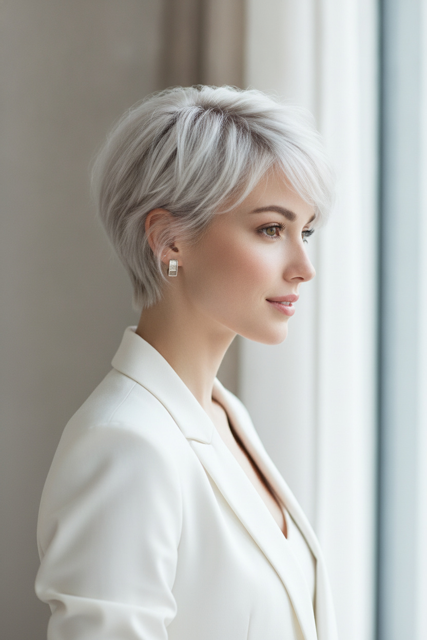 Upper body close-up portrait of a woman with platinum blonde soft shag pixie cut, airy textured layers, elegant earrings, white summer blazer outfit, minimalist luxury setting, soft smile, relaxed posture, side angle view.