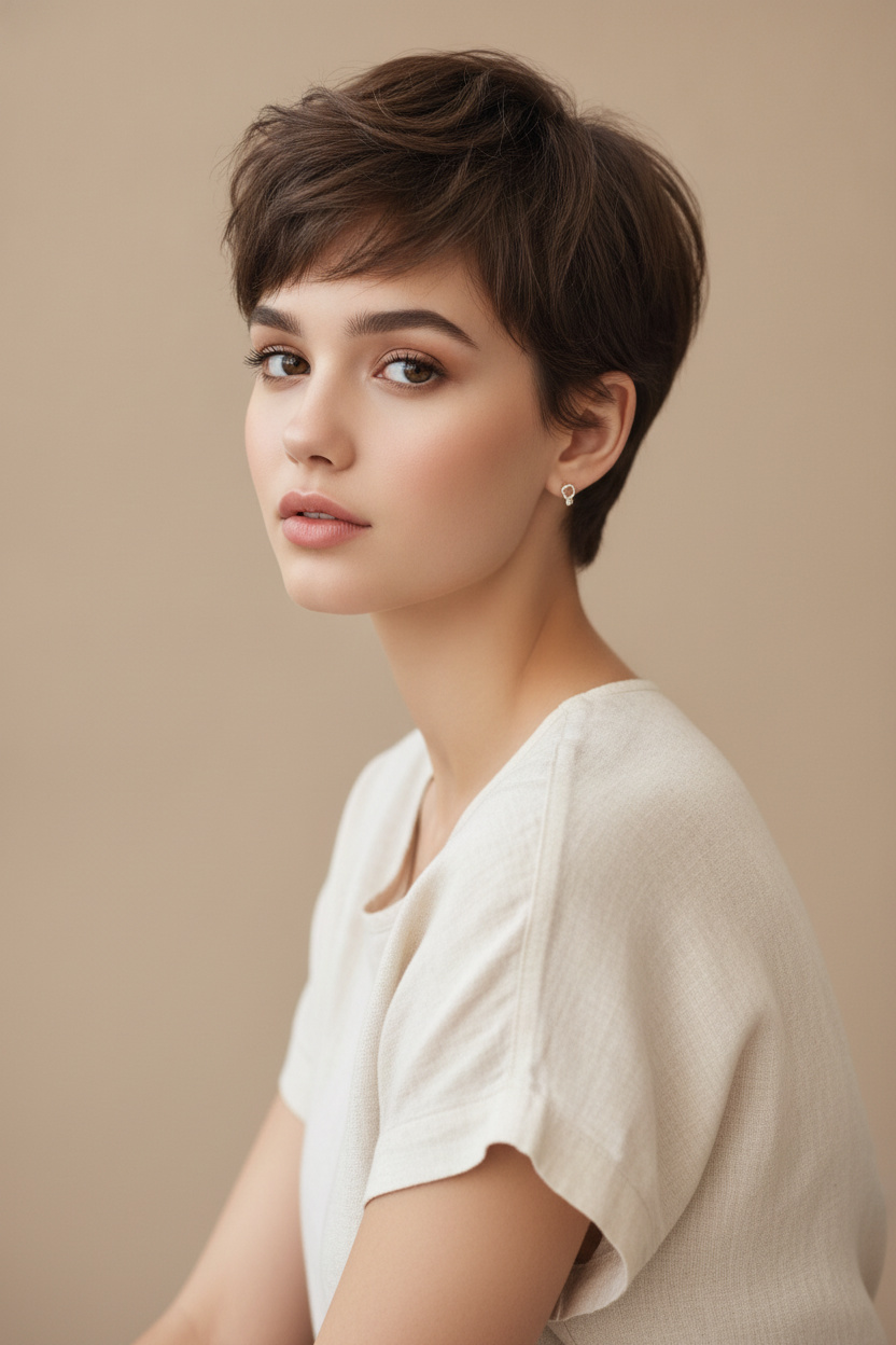 Woman upper body portrait with French inspired soft shag pixie hairstyle, natural brown hair color, delicate earrings, linen summer casual outfit, minimalist beige background, elegant facial expression, relaxed sitting pose, three-quarter angle.