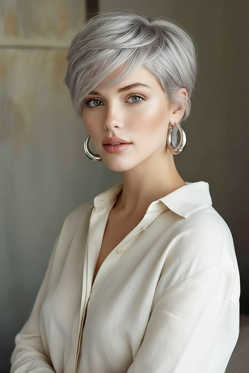 Upper body close-up of elegant woman with silver grey soft shag pixie haircut, textured layers, statement earrings, chic summer clothing, minimalist interior background, confident expression, natural standing pose, front view.