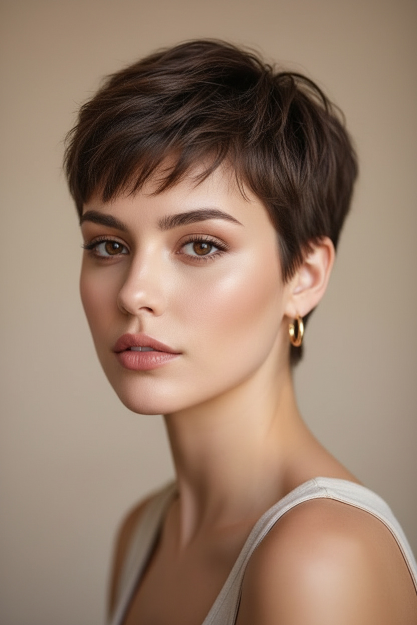 Close-up portrait of woman with chocolate brown textured soft shag pixie haircut, layered short hair, gold hoop earrings, casual summer top, clean minimalist background, gentle expression, angled camera view.