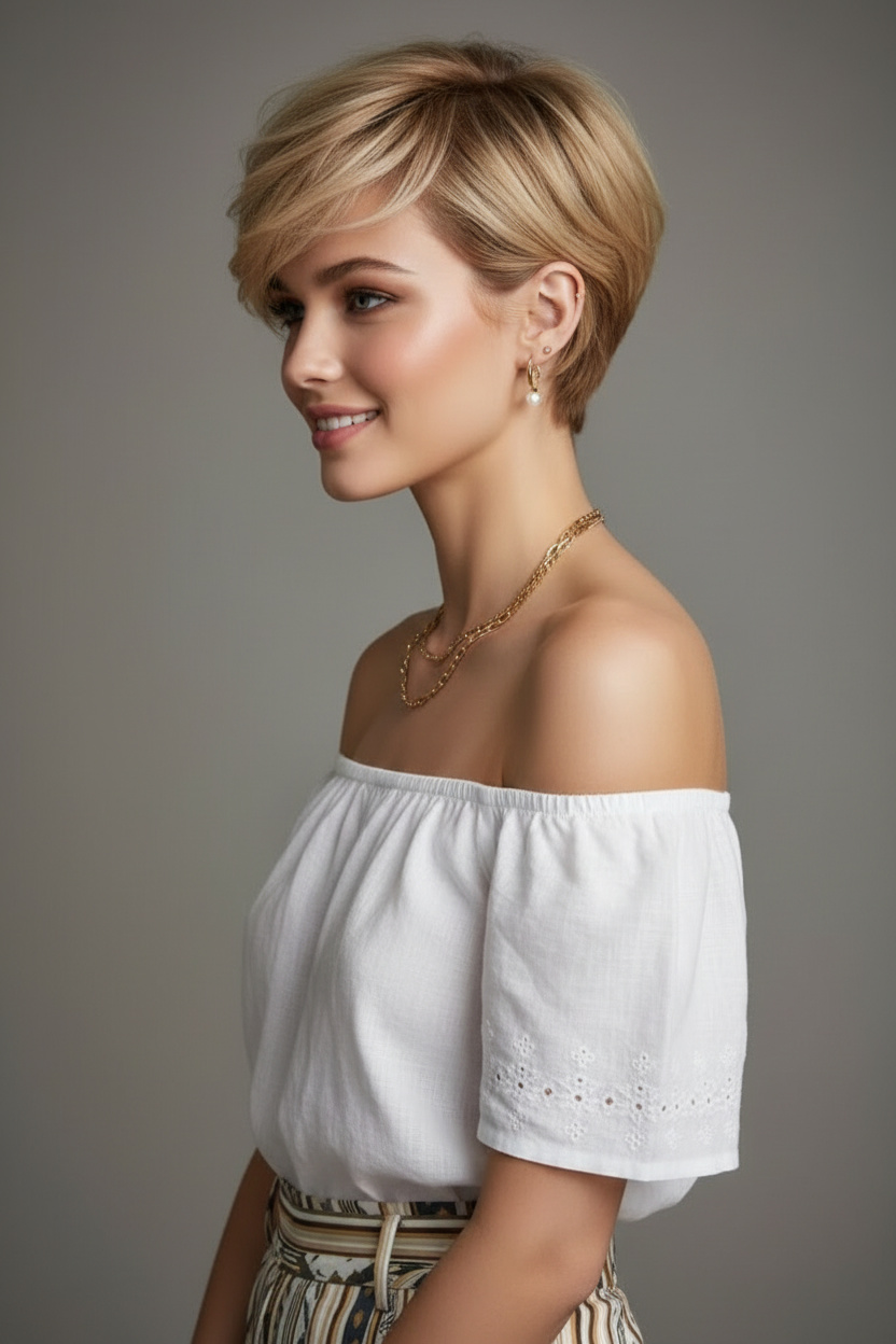 Female model upper body close-up with golden blonde soft shag pixie haircut, feathered layers, elegant accessories, trendy summer outfit, minimal studio scene, confident smile, natural pose, side profile perspective.